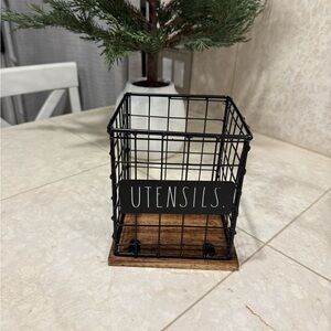Rae Dunn Black Wire Utensil Holder with Wooden Base
